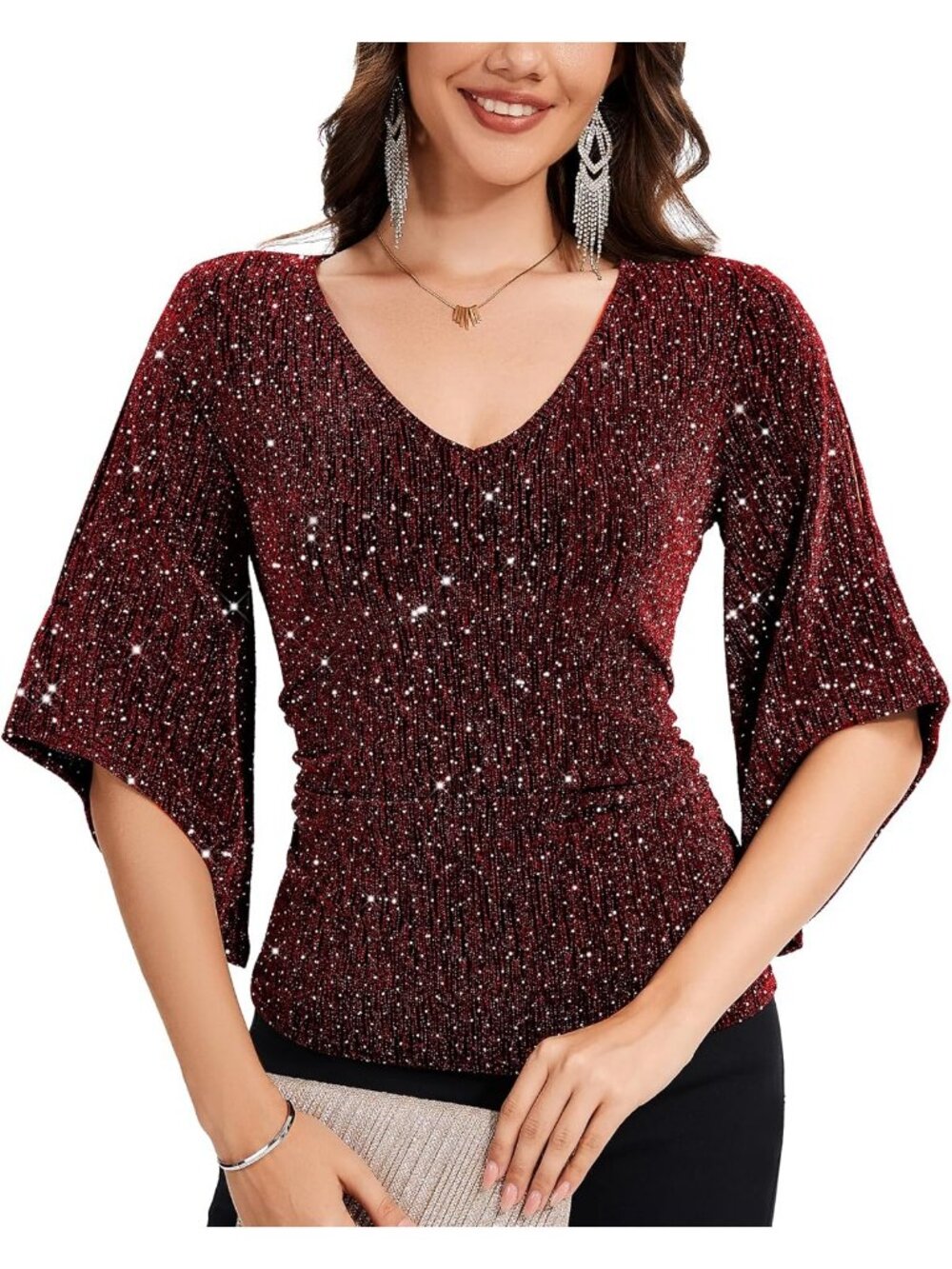 Women Wine Red V Neck Glitter Sparkly Blouse Shiny 3/4 Sleeve Cocktail Party Top